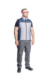Fototapeta premium a man in special clothes for workers wearing protective glasses on a white isolated background
