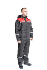 Fototapeta premium man in special clothes for workers on a white isolated background. a man in uniform