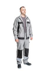Fototapeta premium man in special clothes for workers on a white isolated background. a man in uniform