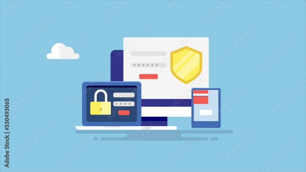 Poster animation concept of cyber security, data protection, website security and secure digital device acc