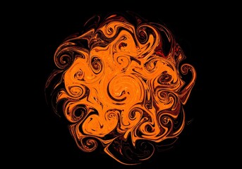 Abstract texture of swirling orange gold fire flame on black background or wallpaper