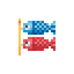 Carp Streamer. Koinobori pixel art style icon. Web site design. 8-bit. Video game sprite. Isolated abstract vector illustration. Game assets.