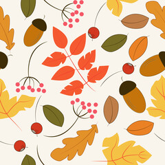 Vector drawing autumn herbarium. Stylized colorful leaves and berries on a light background. Seamless pattern.