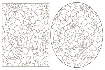 A set of contour illustrations in the style of stained glass with birds on tree branches, dark contours on a white background