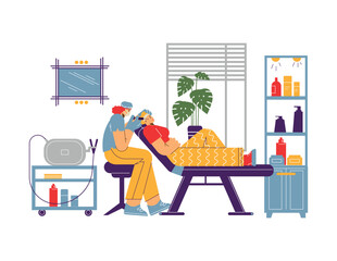 Woman getting lifting injection in cosmetology clinic, flat vector illustration on white background.