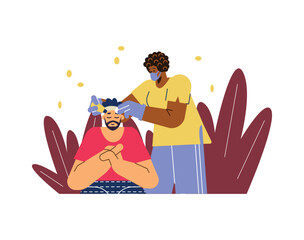 Curly woman in medical mask and gloves making cosmetology procedure to relaxing man