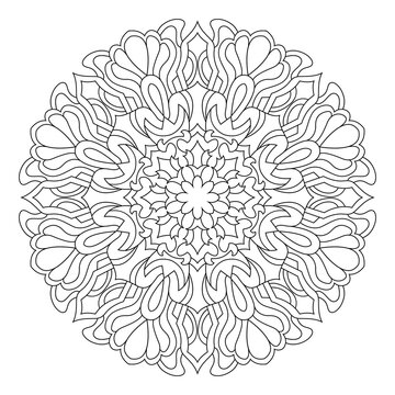 Mandala outline coloring page. An Oriental decorative round ornament can be used for meditation background, therapy, and coloring book.