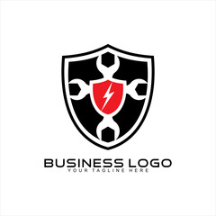 Security design vector logo with shield, wrench and electrical symbol elements.