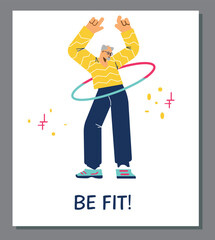 Fit and sporty shape banner with man twirling a hula hoop, vector illustration.