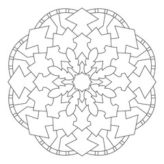 Mandala outline coloring page. An Oriental decorative round ornament can be used for meditation background, therapy, and coloring book.