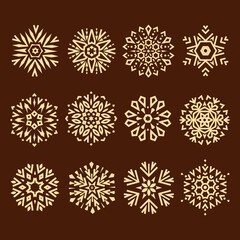 Snowflakes icon collection. Graphic modern gold ornament