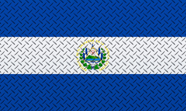 3D Flag of El Salvador on a metal wall background.
