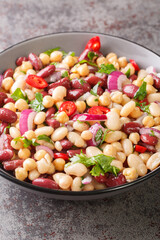 Three bean salad with chili and onion Delicious vegetarian food close-up in a plate on the table. Vertical