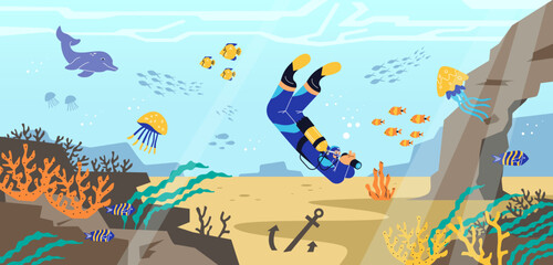 Scuba diver exploring seabed flat style, vector illustration