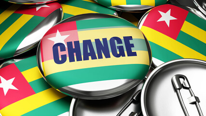 Change in Togo - national flag of Togo on dozens of pinback buttons symbolizing upcoming Change in this country. ,3d illustration