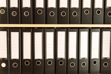 Black office folders standing on cabinet shelves.