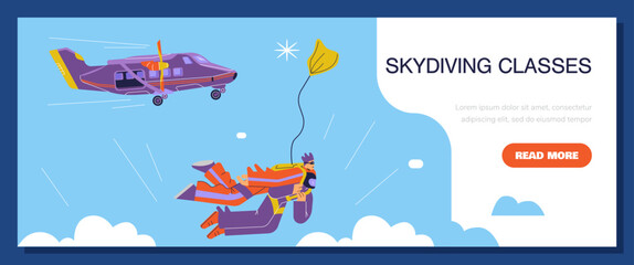 Fototapeta premium Skydiving classes advertising web banner, flat vector illustration.
