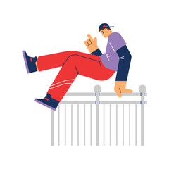 Young smiling boy in cap jumps over fence flat style, vector illustration