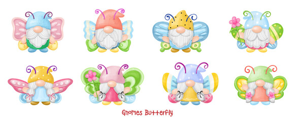 Gnomes wearing Butterfly watercolor Clipart.
