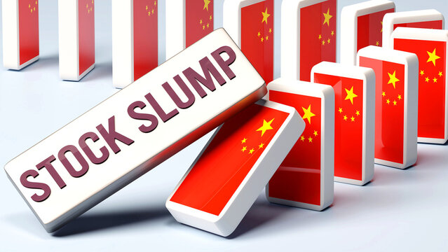 China and stock slump, causing a national problem and a falling economy. Stock slump as a driving force in the possible decline of China.,3d illustration