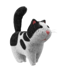 Fat fluffy toy cat is standing on white transparent background. A cat with black and white spots, black eyes and a pink nose. 3d render illustration.	

