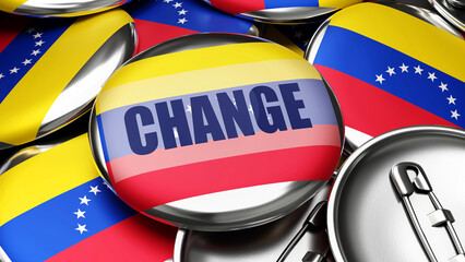 Change in Venezuela Bolivarian Republic of - national flag of Venezuela Bolivarian Republic of on dozens of pinback buttons symbolizing upcoming Change in this country. ,3d illustration