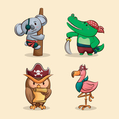 Cute pirate animal characters cartoon illustration collection