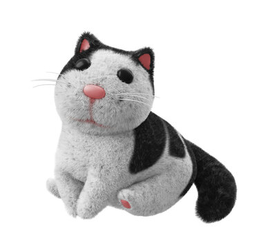 Fat fluffy toy cat is sitting on white transparent background. A cat with black and white spots, black eyes and a pink nose. 3d render illustration.	
