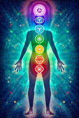 Illustration of a human body aura with the seven main chakras - obrazy, fototapety, plakaty