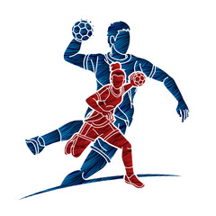 Fototapeta premium Group of Handball Players Male and Female Action Together Cartoon Sport Team Graphic Vector