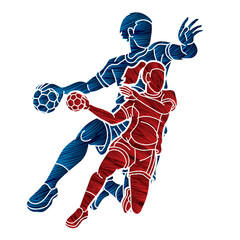 Group of Handball Players Male and Female Action Together Cartoon Sport Team Graphic Vector