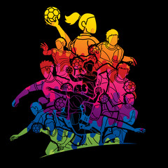 Fototapeta na wymiar Group of Handball Players Male and Female Action Together Cartoon Sport Team Graphic Vector
