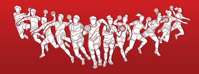 Group of Handball Players Male and Female Action Together Cartoon Sport Team Graphic Vector