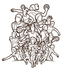Group of Handball Players Male and Female Action Together Cartoon Sport Team Graphic Vector