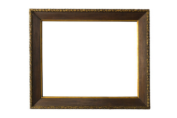 An old wooden frame with wide edges for paintings or photographs with gilding, highlighted on a white background. Blank for the designer.