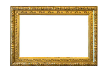 Antique wooden frame with wide edges for paintings or photographs with gilding, highlighted on a white background. Blank for the designer.