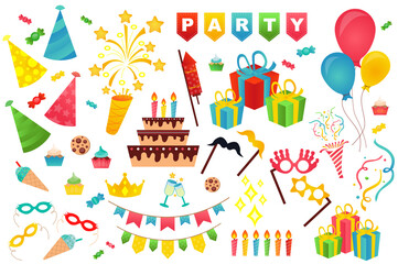 Birthday party cute set in flat cartoon design. Bundle of festive hat, firework, garland, cake, gift, balloon, glasses, crown, sweet, cupcake, candle and other. Illustration isolated elements