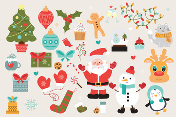 Christmas party cute set in flat cartoon design. Bundle of festive tree with toys, cupcake, gingerbread man, garland, gift, Santa Claus, snowman, deer and other. Illustration isolated elements