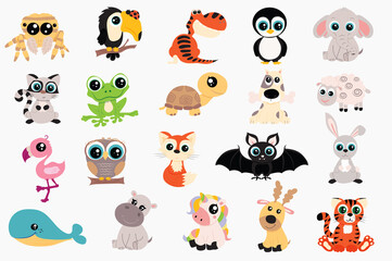 Fototapeta premium Cute animals set in flat cartoon design. Bundle of spider, toucan, dinosaur, penguin, elephant, cat, frog, turtle, dog, sheep, flamingo, owl, fox, bat and other. Illustration isolated elements