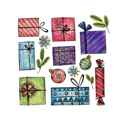 set of Christmas gifts with Christmas toys and sprigs of spruce on a white background. for printing stickers, logos, postcards, posters, prints. doodle illustration with watercolor pencils.