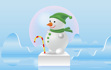 Snowman, vector image on the background of a winter landscape. 3d
Cartoon character for banner, illustrations.