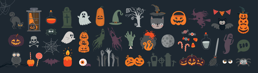 Halloween grafische elementen - pompoenen, spoken, zombie, uil, kat, snoep en anderen. Hand getrokken reeks.