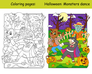 Coloring and color Halloween monsters dancing in the forest vector