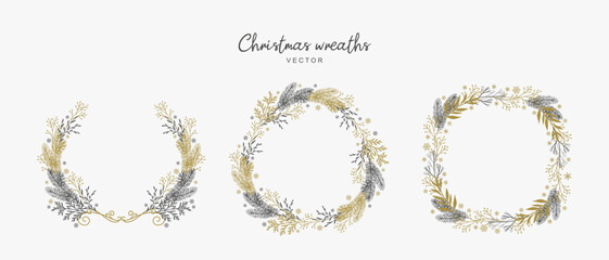 Christmas wreaths of fir branches,  leaves and snowflakes. Vector illustration