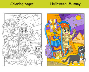 Coloring and color Halloween mummy and Egyptian cat vector