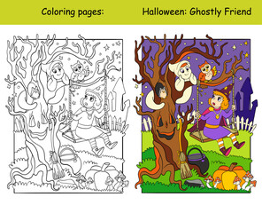 Coloring and color Halloween witch and ghost vector illustration