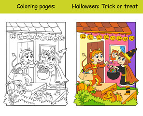 Coloring and color Halloween children with sweets vector