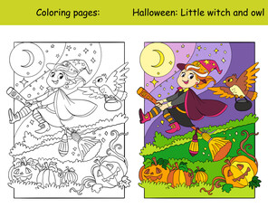 Coloring and color Halloween witch flying on a broom vector