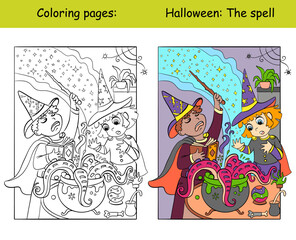 Coloring and color Halloween children cook a potion vector