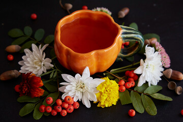 Obraz na płótnie Canvas Atmospheric autumn cup of tea in shape of pumpkin among flowers: background with rowan berries, acorns, marigold, chrysanthemum on black background.